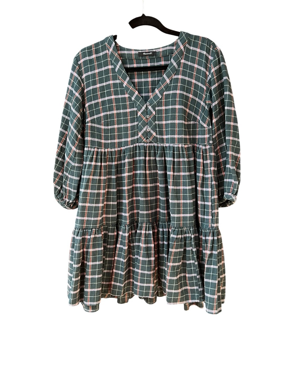 Madewell Green Plaid Tiered V-Neck Long Sleeve Mini Dress Large